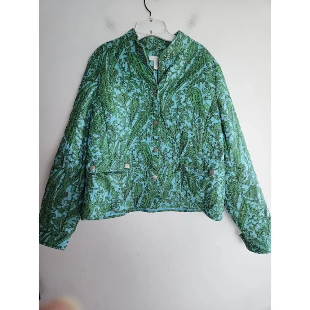 Charter Club Women Teal Green & Blue Floral Quilted Cotton Button Jacket size XL